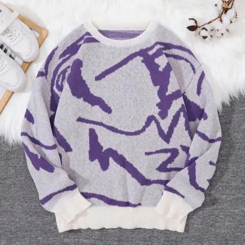 Men's Jacquard Sweater Crew Neck Graphic Knit Pullover