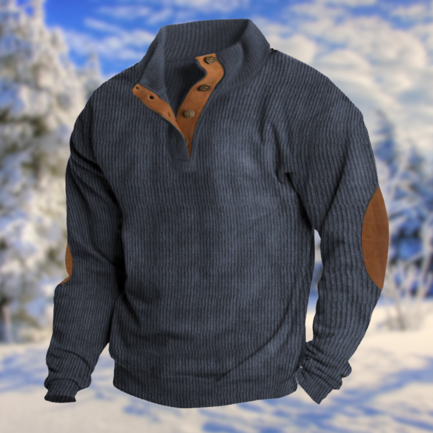Men's Button Neck Sweater Elbow Patch Knit Pullover