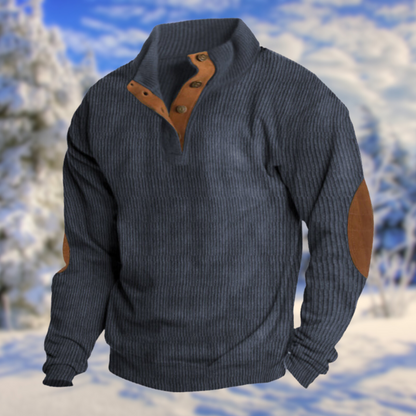 Men's Button Neck Sweater Elbow Patch Knit Pullover