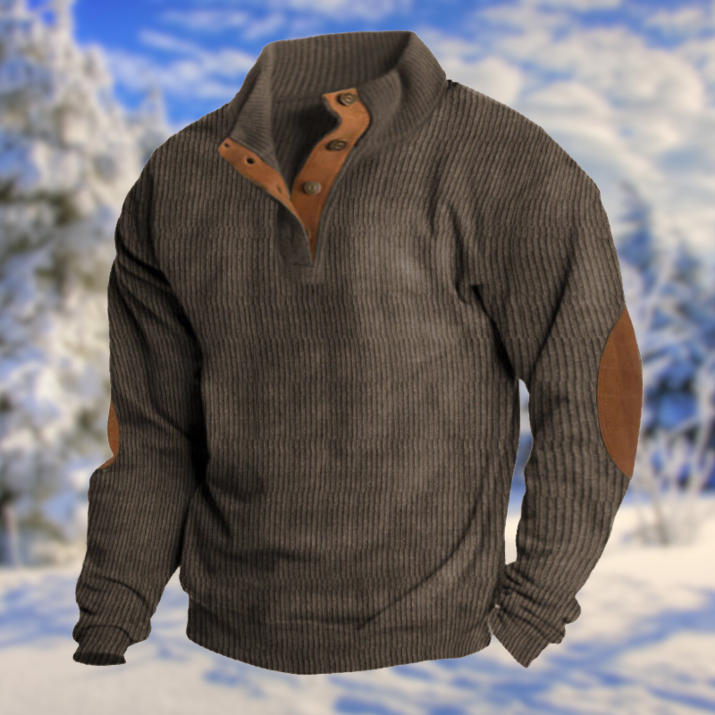 Men's Button Neck Sweater Elbow Patch Knit Pullover