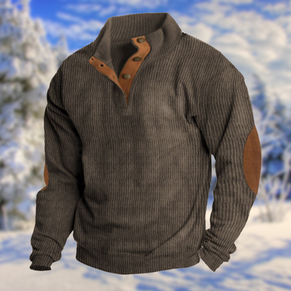 Men's Button Neck Sweater Elbow Patch Knit Pullover