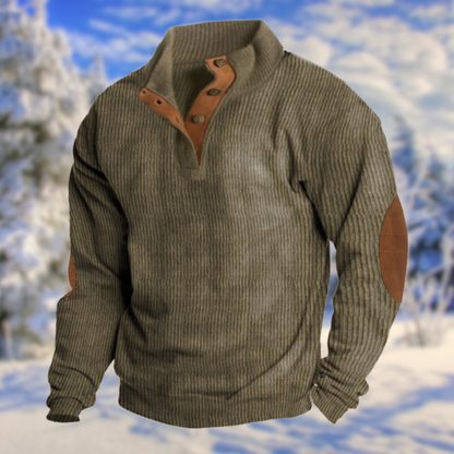 Men's Button Neck Sweater Elbow Patch Knit Pullover