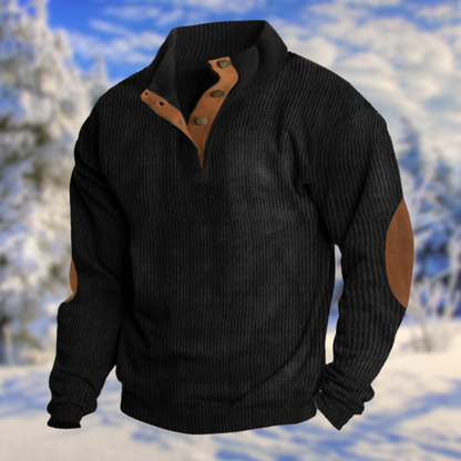 Men's Button Neck Sweater Elbow Patch Knit Pullover