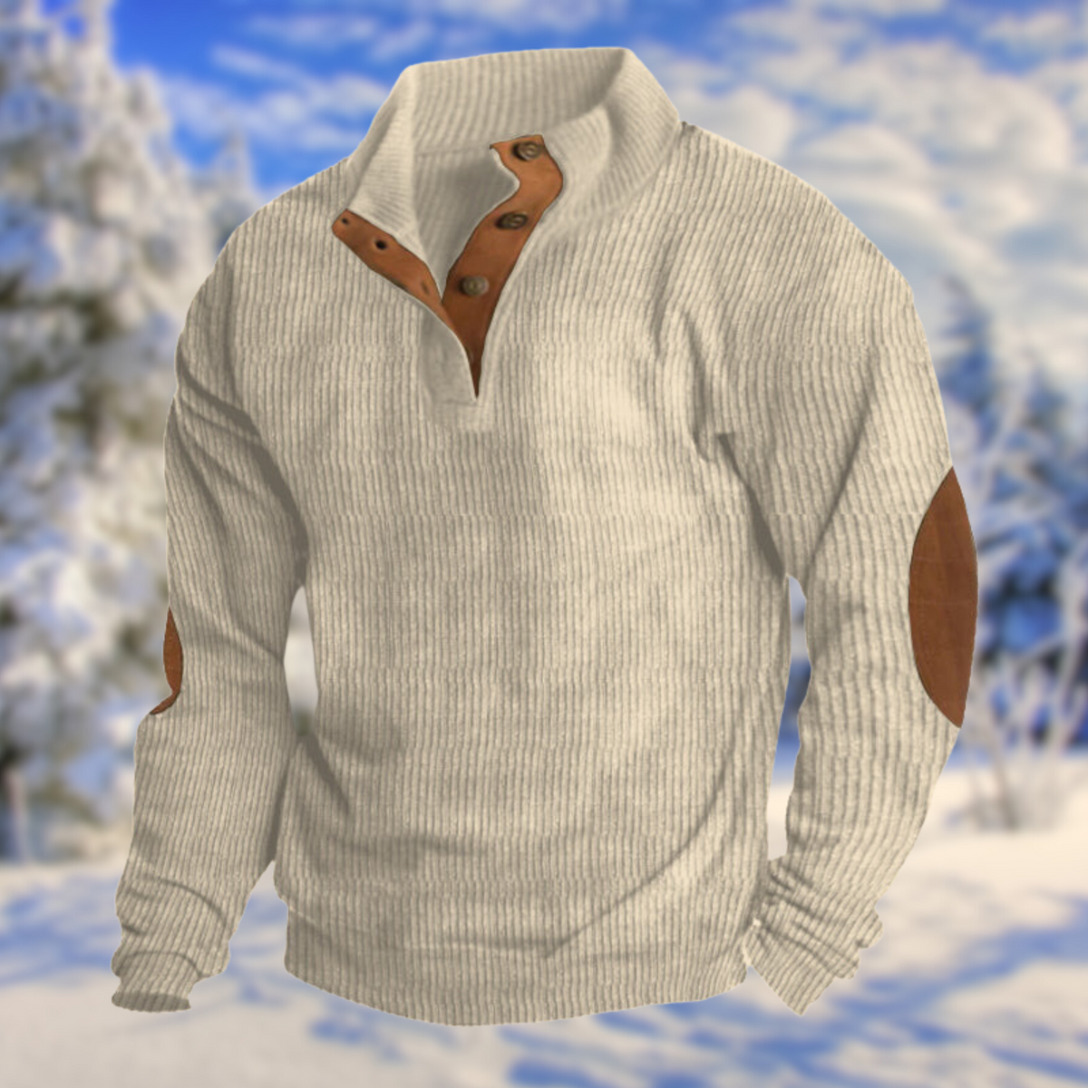Men's Button Neck Sweater Elbow Patch Knit Pullover