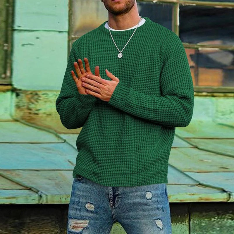 Men's Waffle Knit Pullover Crew Neck Casual Sweater