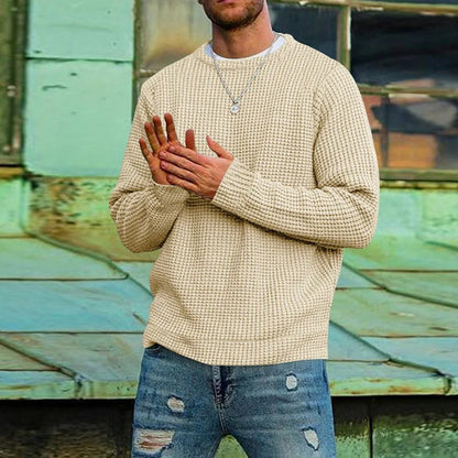Men's Waffle Knit Pullover Crew Neck Casual Sweater