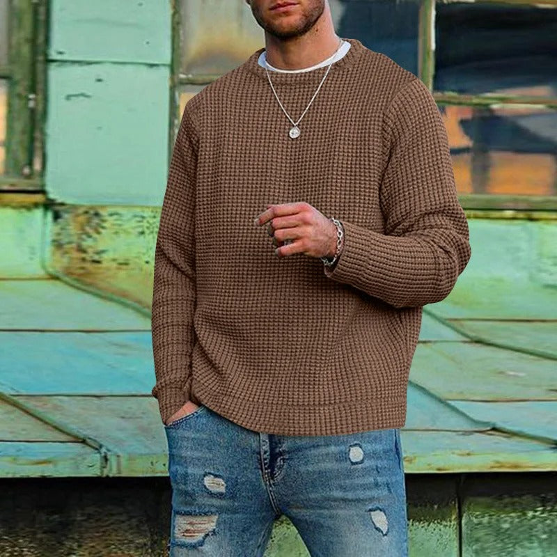 Men's Waffle Knit Pullover Crew Neck Casual Sweater