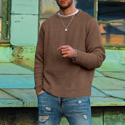 Men's Waffle Knit Pullover Crew Neck Casual Sweater