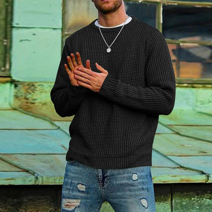 Men's Waffle Knit Pullover Crew Neck Casual Sweater