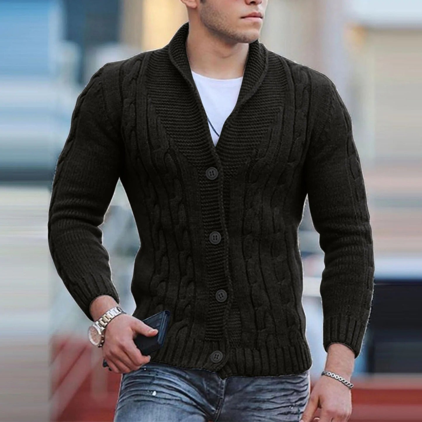Men's Cable Knit Sweater Shawl Collar Button Pullover
