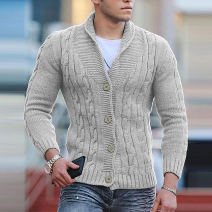 Men's Cable Knit Sweater Shawl Collar Button Pullover