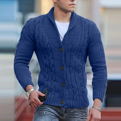 Men's Cable Knit Sweater Shawl Collar Button Pullover