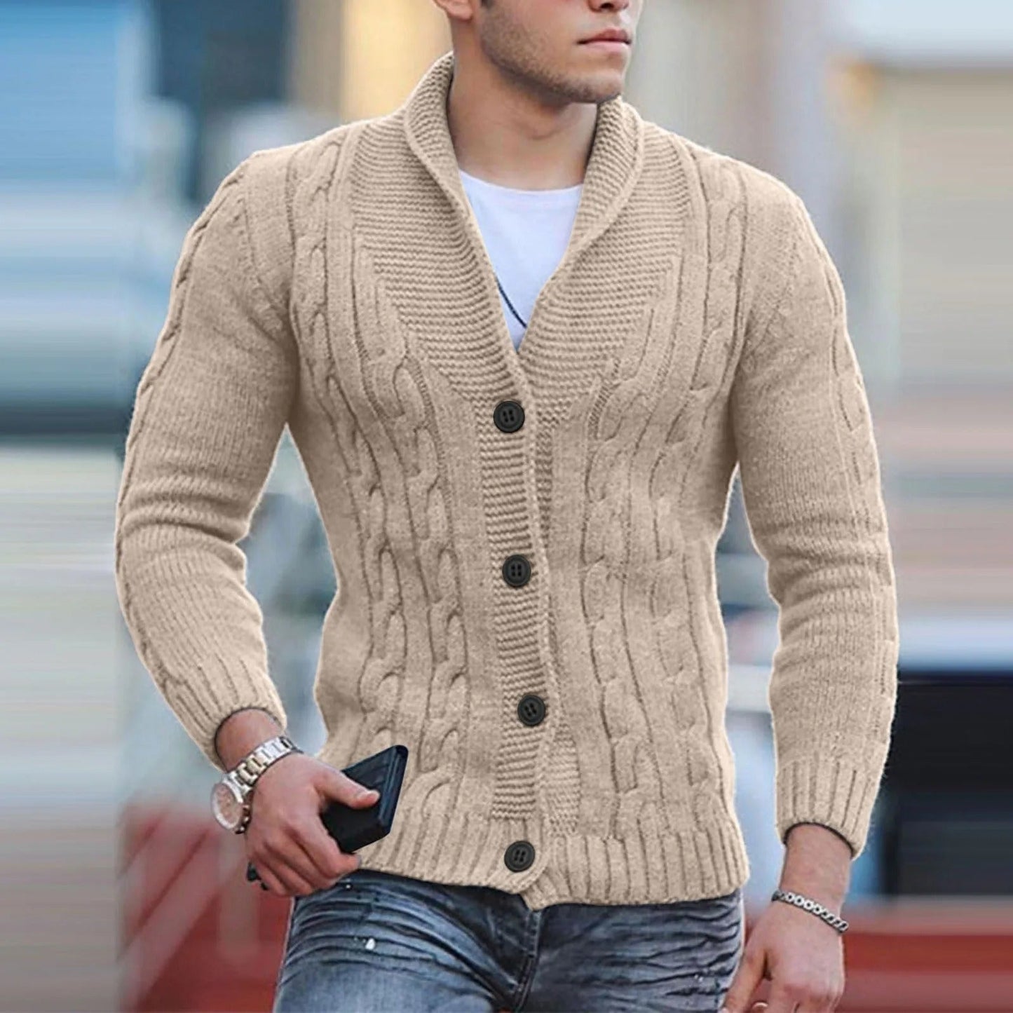 Men's Cable Knit Sweater Shawl Collar Button Pullover