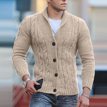 Men's Cable Knit Sweater Shawl Collar Button Pullover