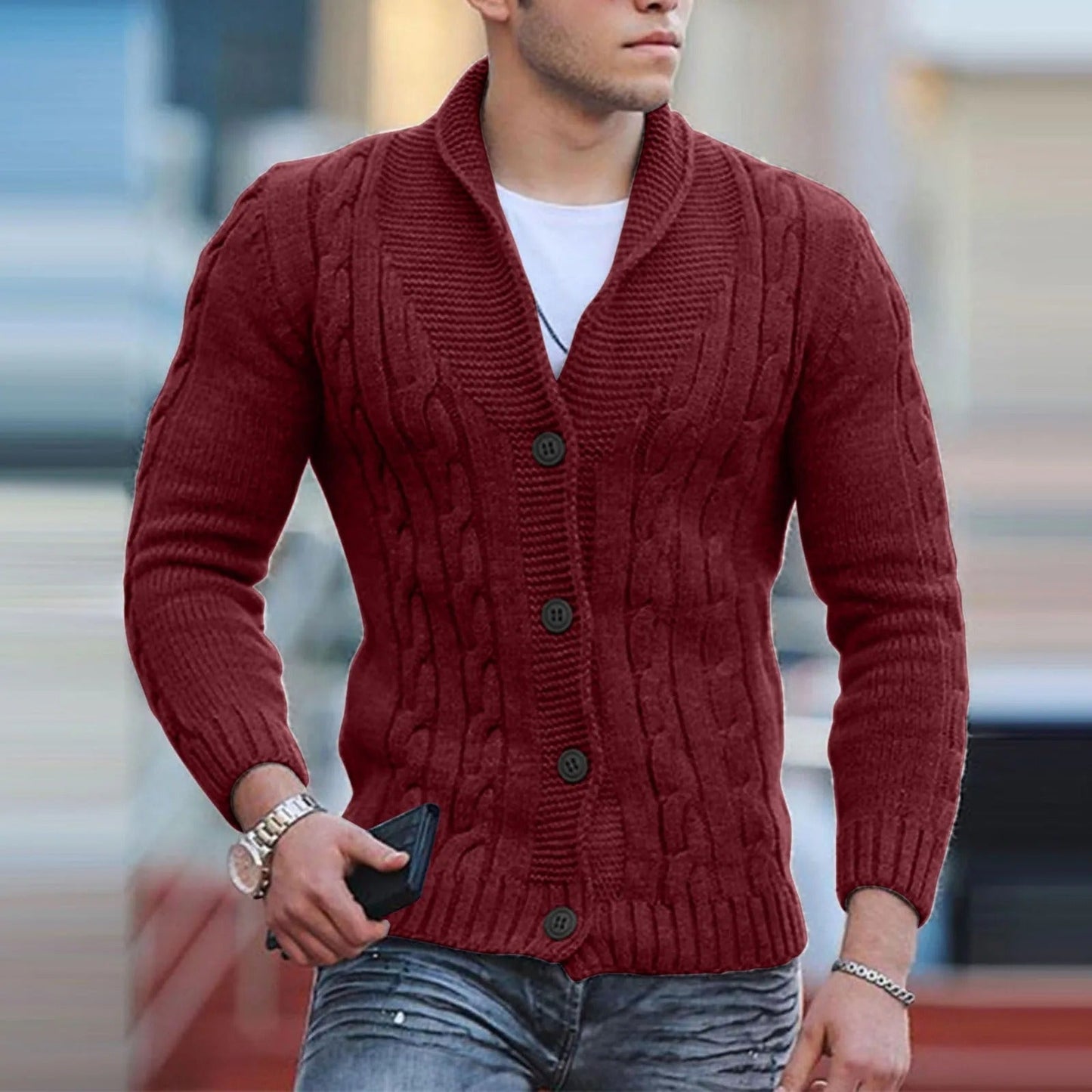Men's Cable Knit Sweater Shawl Collar Button Pullover