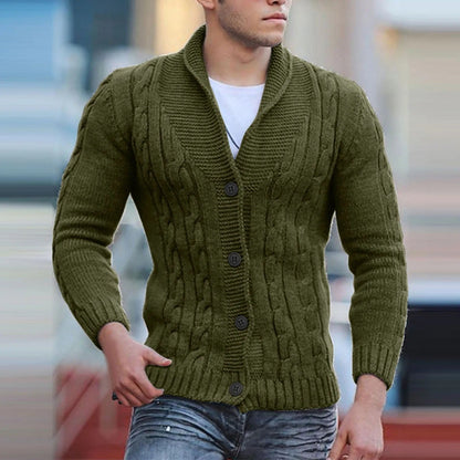 Men's Cable Knit Sweater Shawl Collar Button Pullover