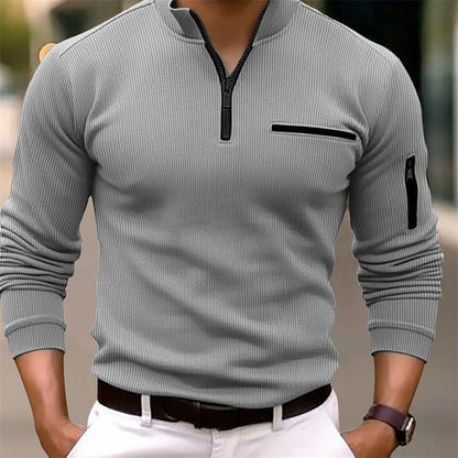 Men's Quarter Zip Sweater Chest Pocket Sporty Knit Pullover