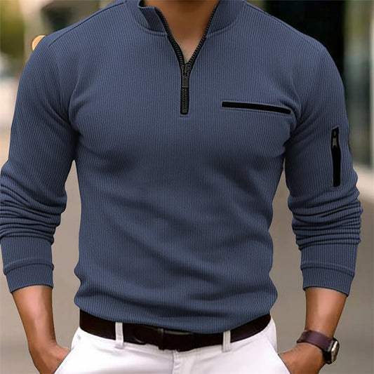 Men's Quarter Zip Sweater Chest Pocket Sporty Knit Pullover