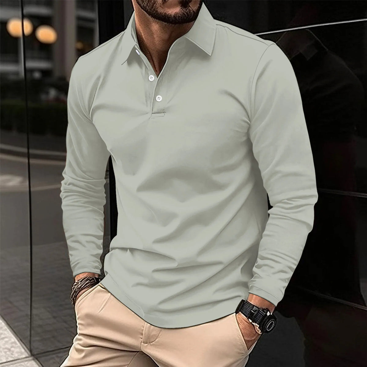 Men's Long Sleeve Polo Shirt Classic Fit Smart Casual Cotton