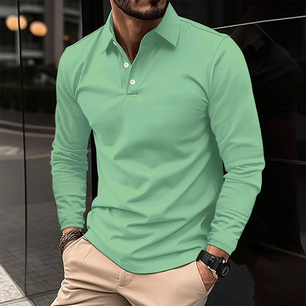 Men's Long Sleeve Polo Shirt Classic Fit Smart Casual Cotton