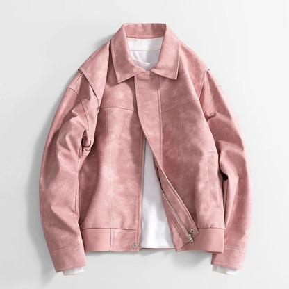 Men's Leather Bomber Jacket Classic Faux Leather Coat Casual Style