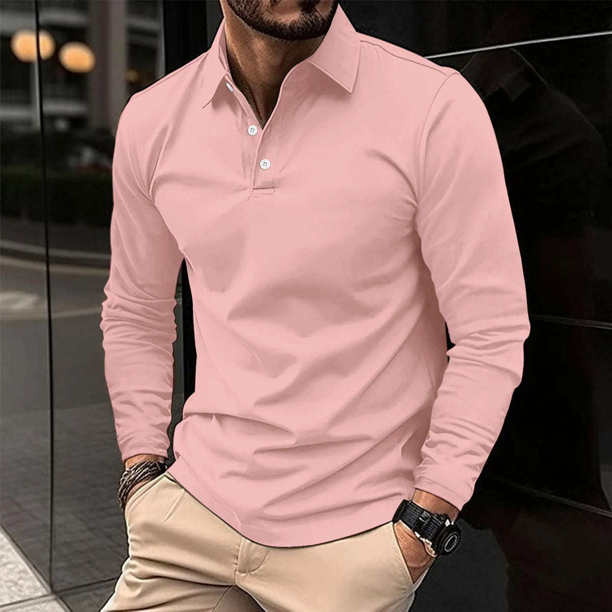 Men's Long Sleeve Polo Shirt Classic Fit Smart Casual Cotton