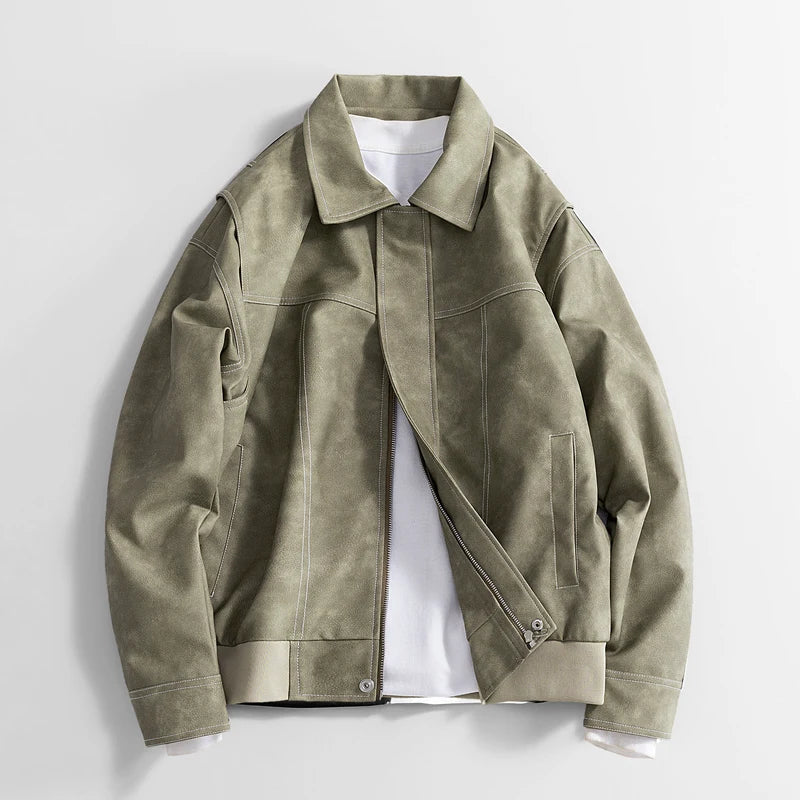 Men's Leather Bomber Jacket Classic Faux Leather Coat Casual Style