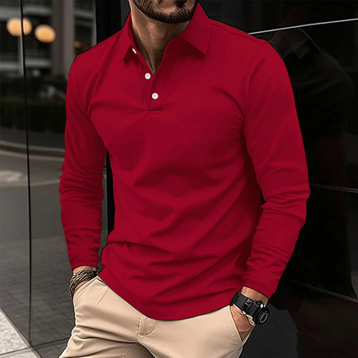 Men's Long Sleeve Polo Shirt Classic Fit Smart Casual Cotton