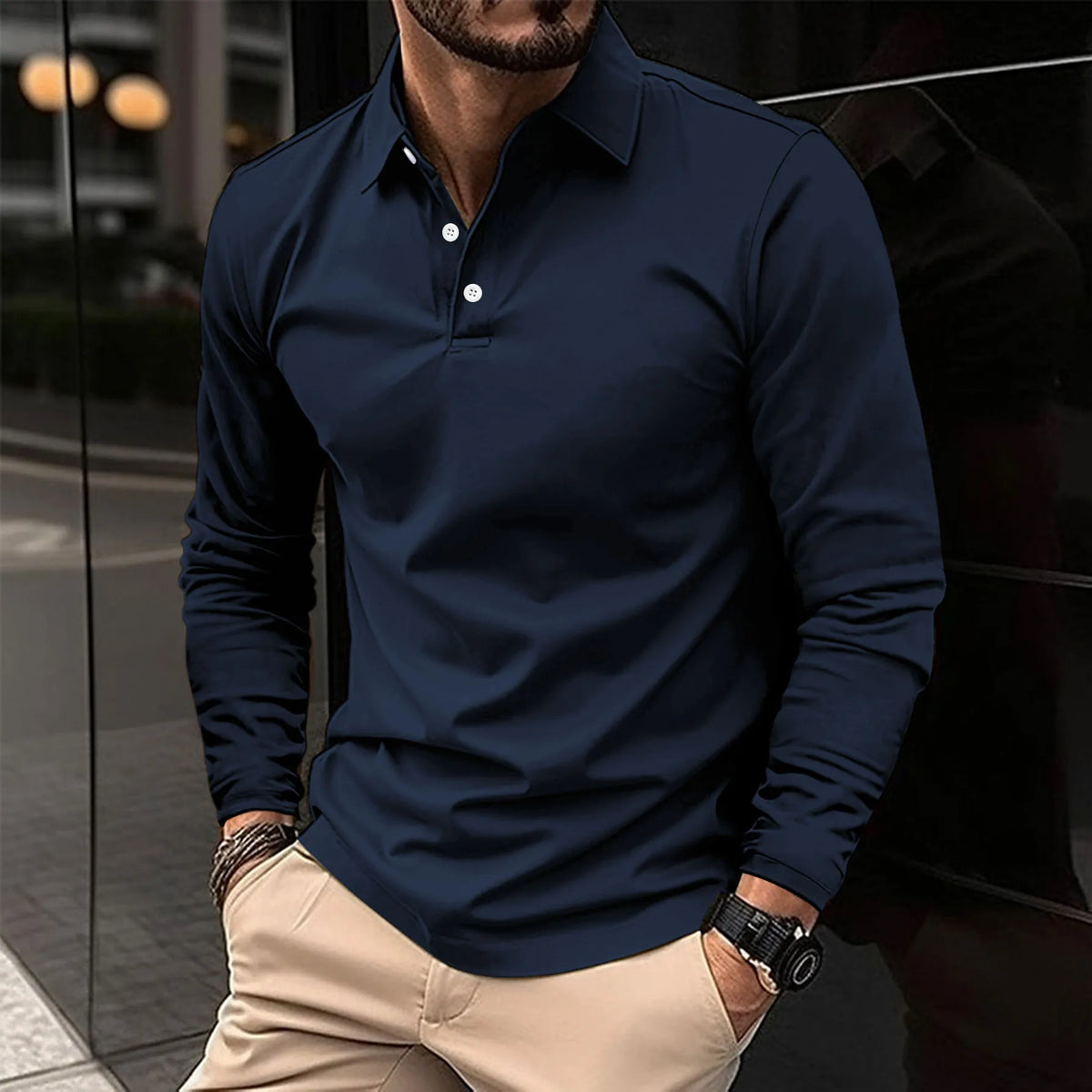 Men's Long Sleeve Polo Shirt Classic Fit Smart Casual Cotton