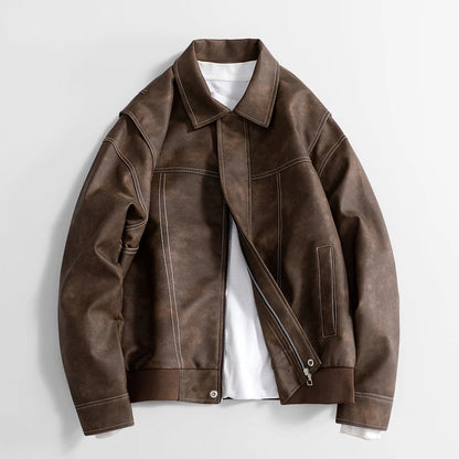 Men's Leather Bomber Jacket Classic Faux Leather Coat Casual Style