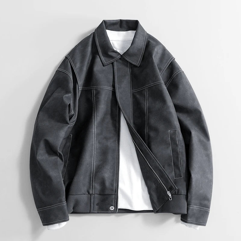 Men's Leather Bomber Jacket Classic Faux Leather Coat Casual Style