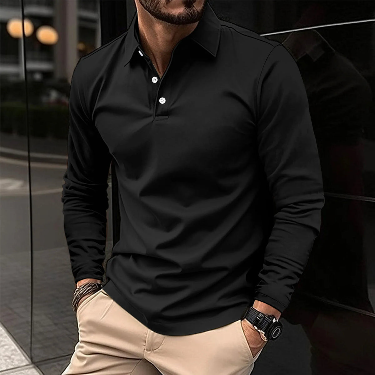 Men's Long Sleeve Polo Shirt Classic Fit Smart Casual Cotton
