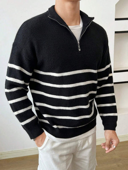 Men's Half Zip Striped Sweater Classic Knit Pullover