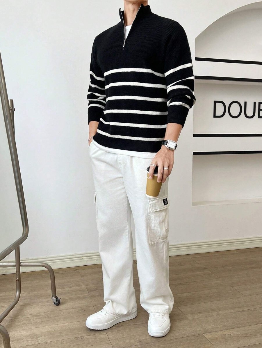 Men's Half Zip Striped Sweater Classic Knit Pullover