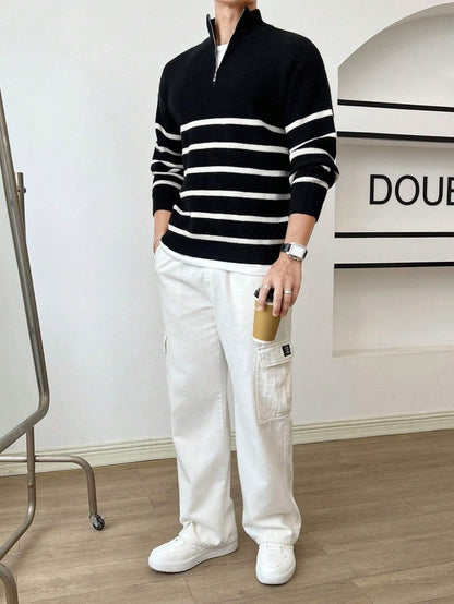 Men's Half Zip Striped Sweater Classic Knit Pullover