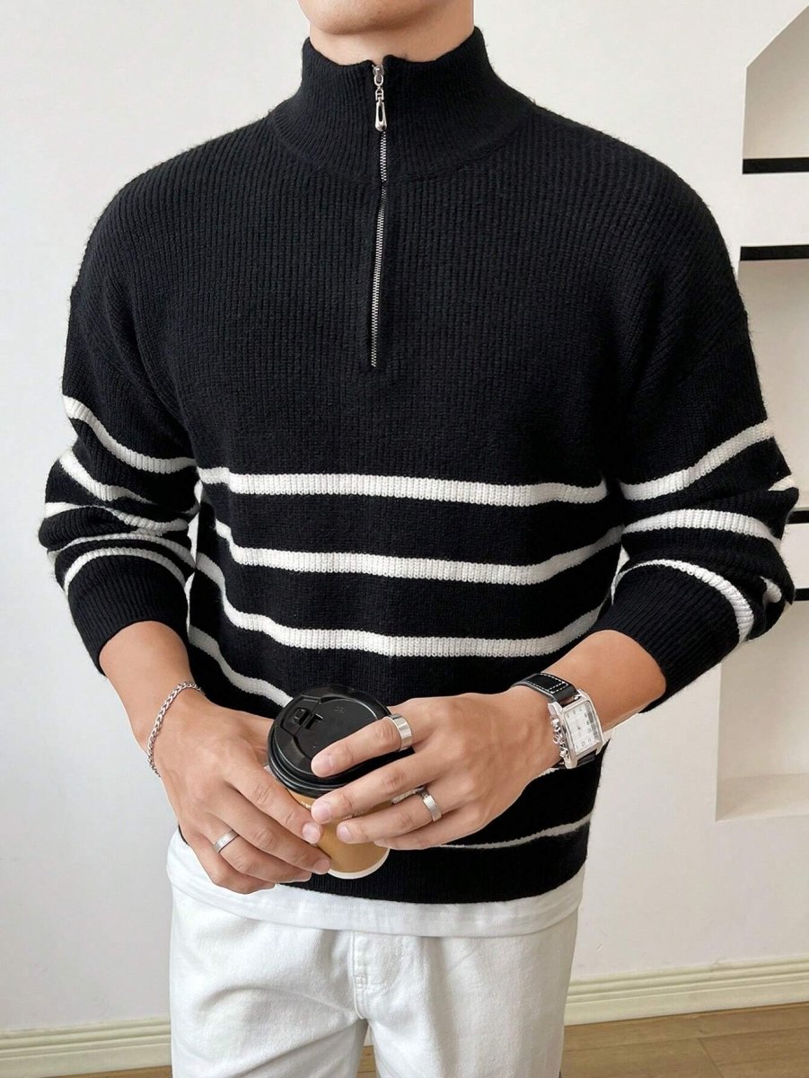 Men's Half Zip Striped Sweater Classic Knit Pullover