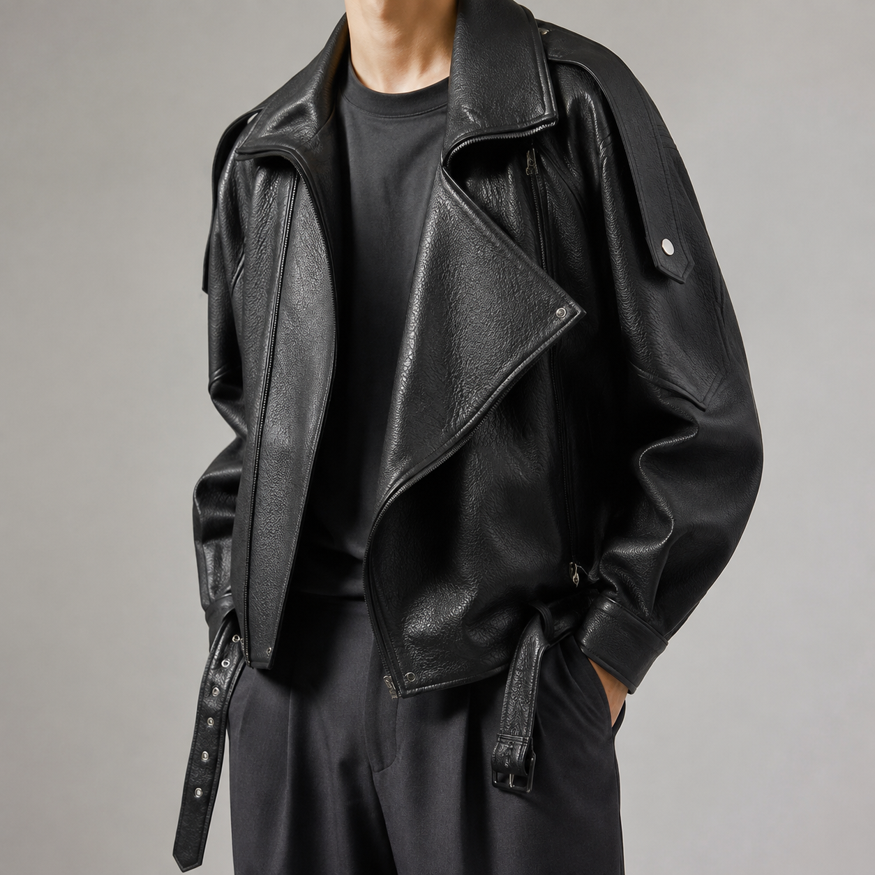 Women's Pebbled Faux Leather Biker Jacket | Relaxed Oversized Autumn Outerwear 2