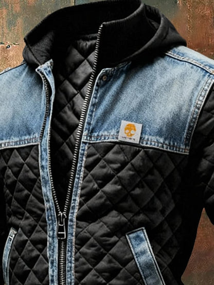 Men's Black Quilted Jacket Denim Detail Padded