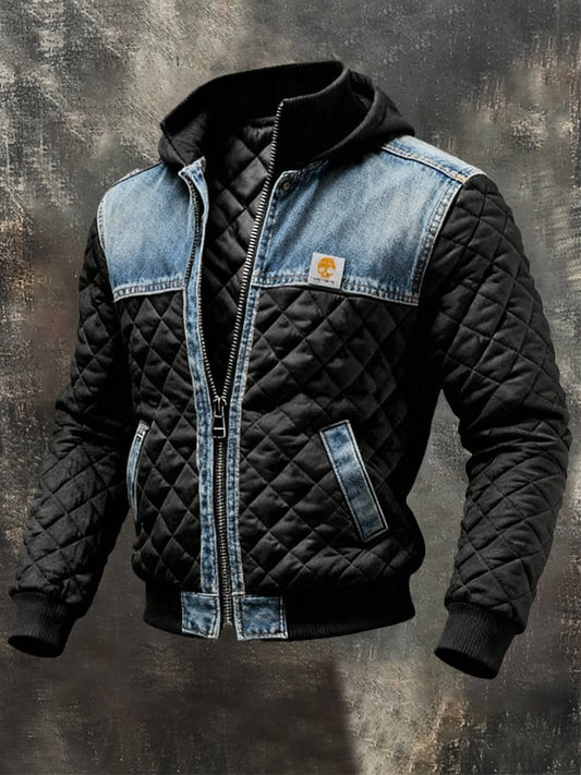 Men's Black Quilted Jacket Denim Detail Padded