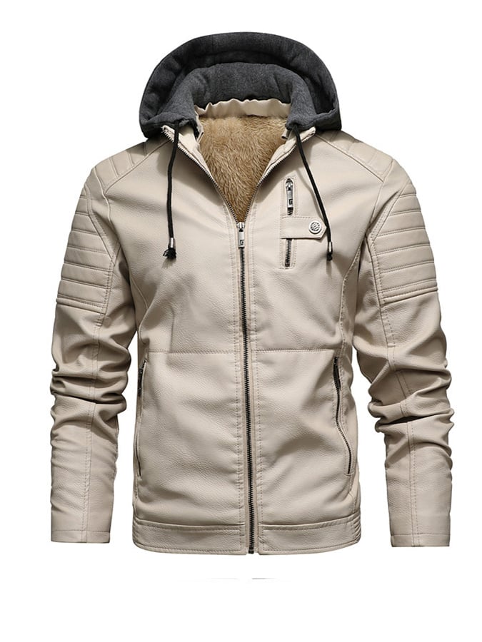 Men's Hooded Leather Effect Jacket Lined Zip-Up