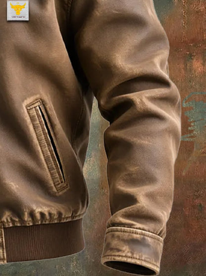 Men's Brown Aged Leather Jacket Classic Cut Vintage