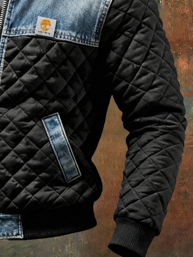 Men's Black Quilted Jacket Denim Detail Padded