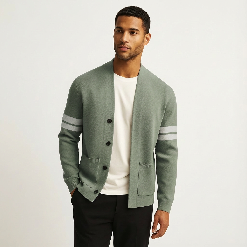 Men's Classic Cardigan Button-Front Stripe Sleeves