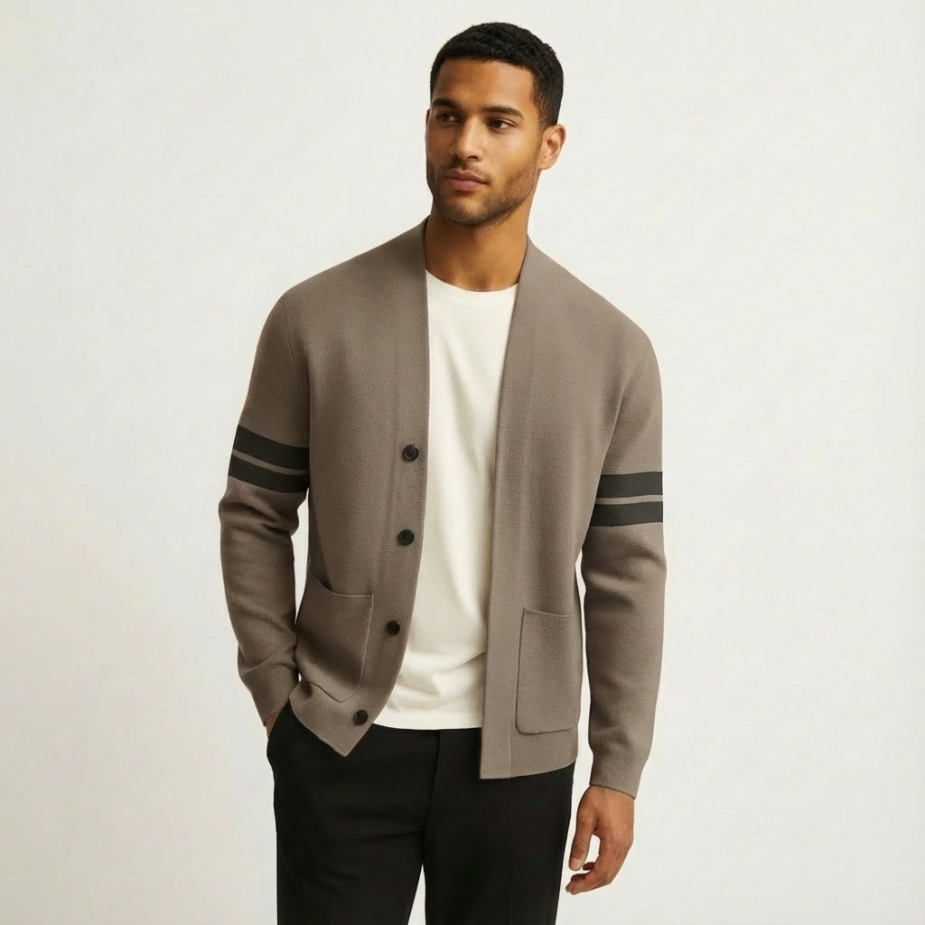 Men's Classic Cardigan Button-Front Stripe Sleeves