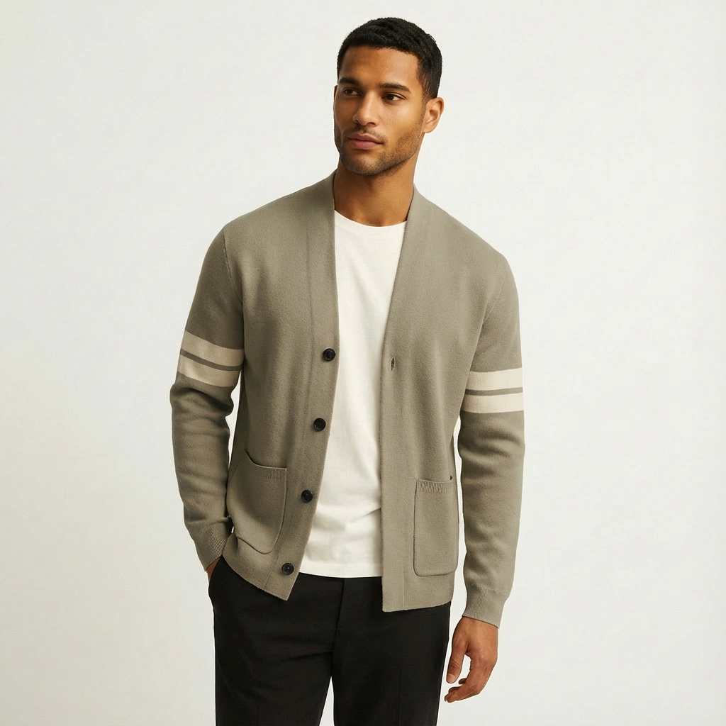 Men's Classic Cardigan Button-Front Stripe Sleeves