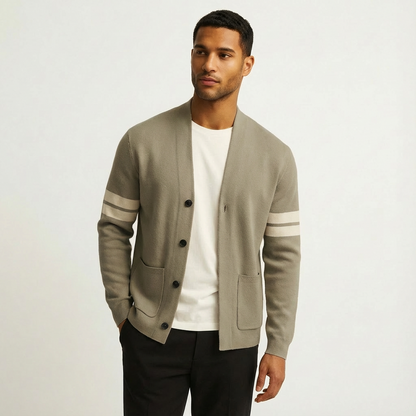 Men's Classic Cardigan Button-Front Stripe Sleeves
