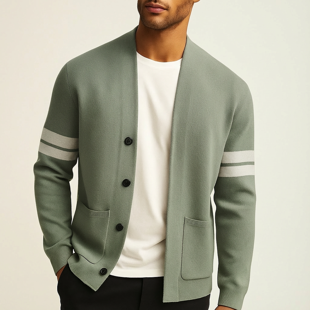 Men's Classic Cardigan Button-Front Stripe Sleeves