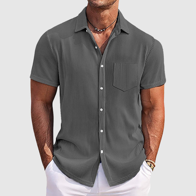Men's Ribbed Camp Collar Shirt Casual Short Sleeve Textured Cotton