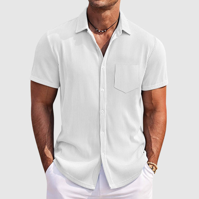 Men's Ribbed Camp Collar Shirt Casual Short Sleeve Textured Cotton