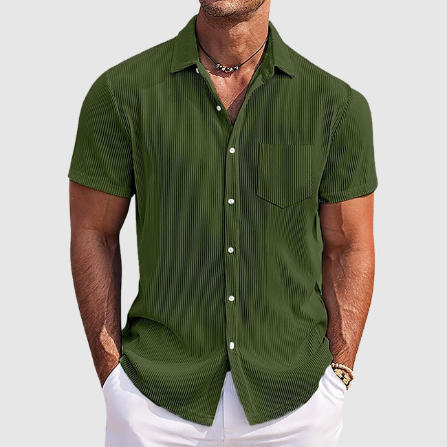 Men's Ribbed Camp Collar Shirt Casual Short Sleeve Textured Cotton